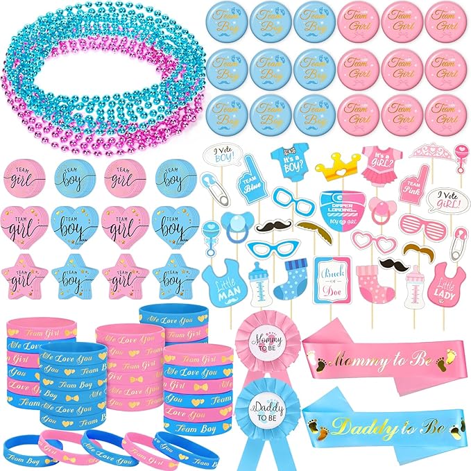 202 Pcs Baby Gender Reveal Party Supplies Favors Boy or Girl, Gender Reveal Ideas Gender Reveal Games Supplies, Baby Gender Reveal Bracelets, Team Boy Girl Button Pins