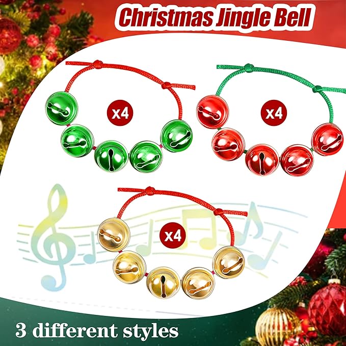 Cooraby 24 Pieces Assorted Colors Christmas Jingle Bell Bracelets Adjustable Christmas Bracelets with Metal Bells for Holiday Party Favors
