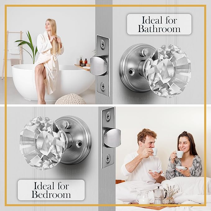 Silver Crystal Door Knob with Lock, Glass Door Knobs Interior Privacy Set, Vintage Decorative Antique Style Handle for Bedroom, Bathroom, Closet, 1 Pack