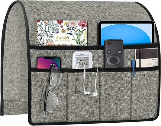 Joywell Recliner Chair Organizer Armchair Caddy Remote Control Holder for Couch Armrest Organizer Non Slip Sofa Armchair Caddie with 6 Pocket Storage for Magazine, Tablet, Phone, iPad, Light Grey