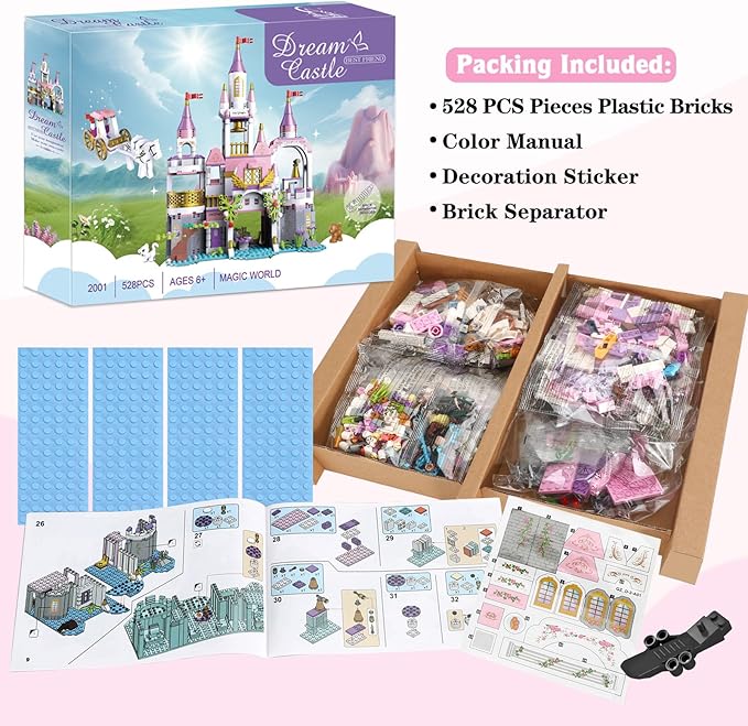 BRICK STORY Dream Girls Princess Castle with Carriage Building Blocks 516 Pieces Pink Castle Toys for Girls 6-12 Years Old Palace Creative STEM Building Toys Gift for Kids Birthday Christmas