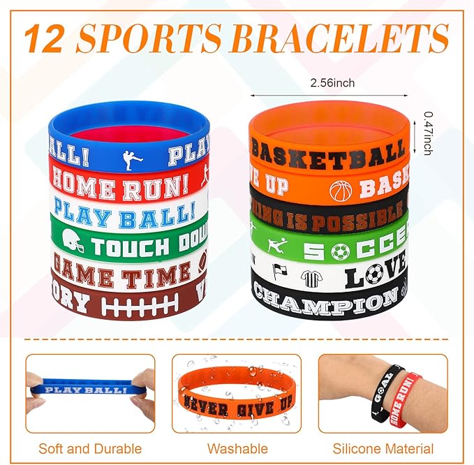 LEIFIDE 48 Pcs Basketball Soccer Football Baseball Party Favors Supplies 12 Silicone Bracelet 12 Drawstring Treat Bag 12 Mini Stress Ball 12 Keychains for Birthday Sports Party Supplies (Mixed Style)
