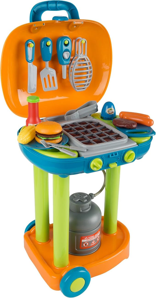 BBQ Grill Toy Set - Interactive Play Kitchen Set with Lights and Sounds, Wheels, Toy Food, and Cooking Accessories by Hey! Play!
