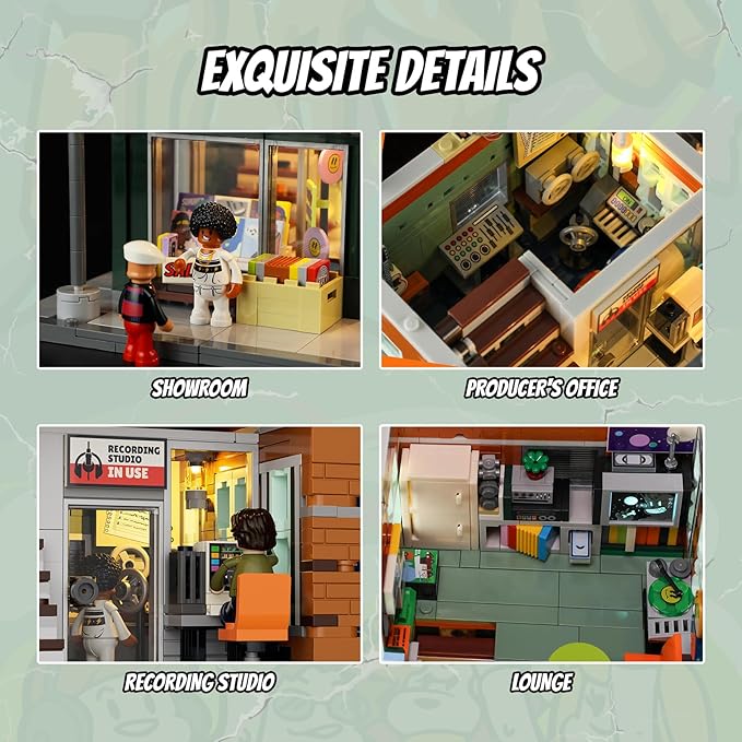 FUNWHOLE Record Store Lighting Building Bricks Set - Street Fusion City Town Audio Shop Multi-Form Modular Collection Kit 1980 Pcs for Adults & Teen & Music Lovers