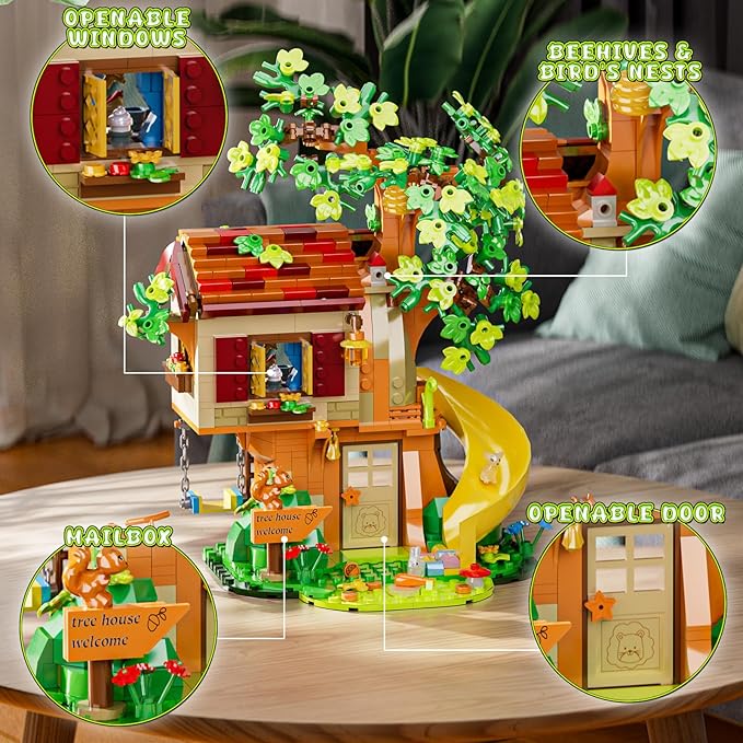 Treehouse Building Blocks Set, Natural Eco Cozy Cottage Educational Toy, Tree House Architecture Sets with Animals, Slide, Swing, Seesaw, Bicycle, Gifts for Kids, Girls and Boys Ages 8 Plus