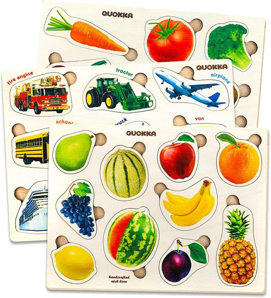 QUOKKA Wooden Puzzles for Toddlers 1-3 – 3xSET Kids Puzzles Ages 2-4 – Montessori Toy Puzzles for Toddlers 3-5 – Wood Toy Learning Realistic Fruits - Cars - Vegetables for Boy and Girl