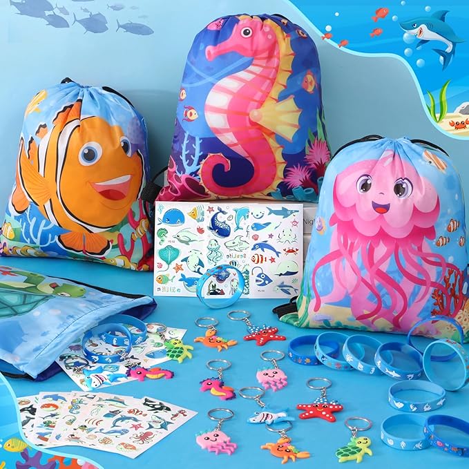 12Sets Under the Sea Party Favors Birthday Supplies, Sea Animal Drawstring Bags Silicone Bracelets Keychains Tattoo Stickers Pinata Filler Goodie Bag Stuffers, Ocean Themed Party Favors Supplies