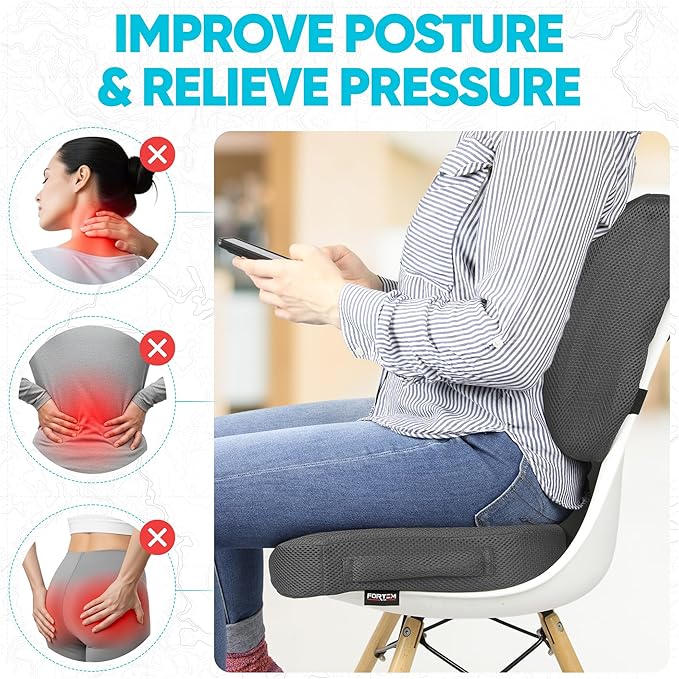 FORTEM Seat Cushion, Office Chair Cushion, Lumbar Support Pillow for Office Chair, Memory Foam Sciatica Coccyx Tailbone Pressure Pain Relief, Car Sitting Pad, Washable Non Slip