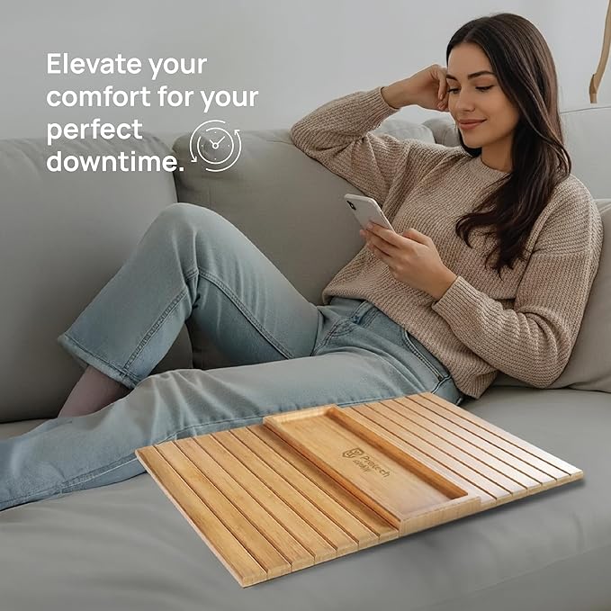 Bamboo Sofa Arm Tray – Flexible Couch Armrest Table with Non-Slip Drink Holder, Fits Straight Arm Sofas, No Assembly Required