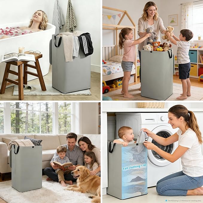 80L Large Laundry Hamper with Lid, Foldable Laundry Bag for Washing Machine with Removable Inner Bag, Dirty Hampers for Bedroom, Bathroom,Laundry Room, College (Grey)