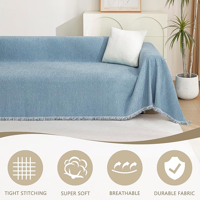MYSKY HOME Sectional Sofa Covers Blue Couch Covers for 3 Cushion Couch Sofa Chenille Couch Cover Living Room Multi-Use L Shaped Sofa Slipcovers for Dogs Cats Kids Tassel Edge 91" x 134"