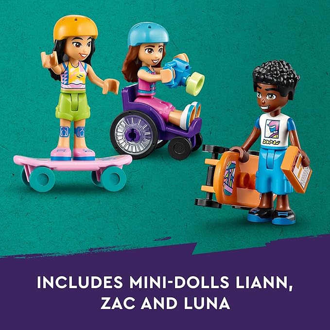 LEGO Friends Skate Park Set 41751, Skateboard Toys for Girls and Boys Ages 6 Plus, Mini-Doll Playset with Toy Scooter and Wheelchair, Birthday Gift Idea for Creative Play
