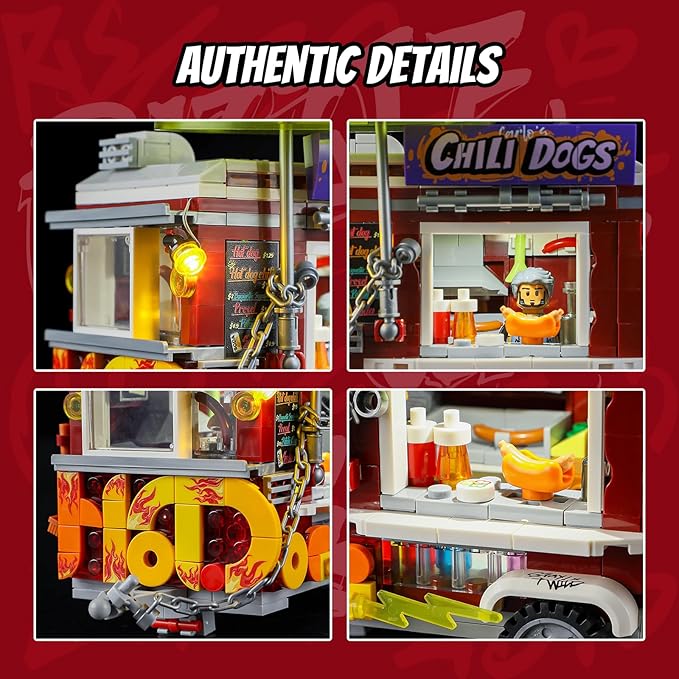 FUNWHOLE Chili Dog Trailer Lighting Building-Bricks Set - City Food Truck Toy Playkit 515 Pcs for Adults and Kids
