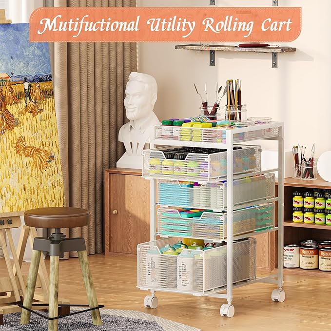 Rolling Utility Cart with 4 Drawers, Craft Organizer and Storage Carts with DIY Divider, Lockable Wheels Storage Organizer for Art Supplies, Store for Brushes & Paints & Artifacts, White
