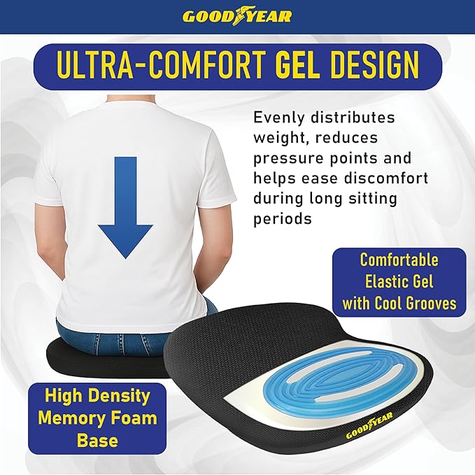 Goodyear Memory Foam Car Seat Cushion – Gel Seat Cushions for Office Chairs, Tailbone Pain Relief Cushion, Cooling Pillow, Slim Fit Car Seat