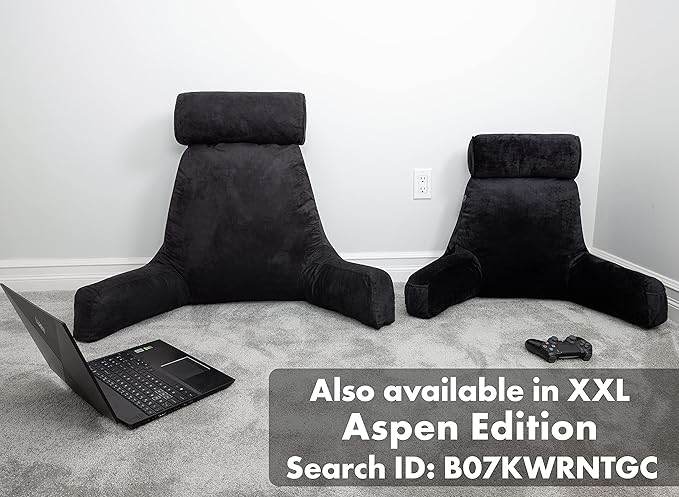 Husband Pillow Medium Aspen Edition Stable Black, Sit Up Reading & Bed Rest with Arms, Ultra-Comfy, Detach Neck Roll - Premium Shredded Memory Foam Backrest, Reverses to Micro: Suede or Plush