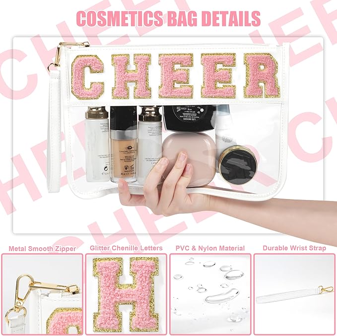 BuyCard Cheer Chenille Letter Bags Clear Makeup Bag, Cheerleader Gifts Cosmetic Bag, Varsity Preppy Patch Flat Pouch Cheer Accessories, Waterproof PVC Organizer Toiletry Bag for Women Girls White