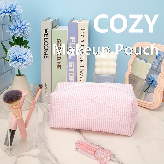 Cozy Makeup Bag Travel Cosmetic Bag for Women Soft Toiletry Bag Aesthetic Makeup Organizer Portable Large Zipper Pouch for Skincare Beauty Accessories Brushes Stripe Pink