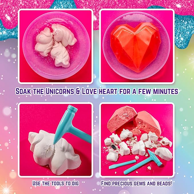 GirlZone Unicorn Gemstones Discovery Dig Kit, 13 Gemstone Dig with Slime and Precious Gems, Gift-Ready DIY Bracelet Kit, STEM Craft for Kids Age 12-14, Perfect for Valentine Gifts