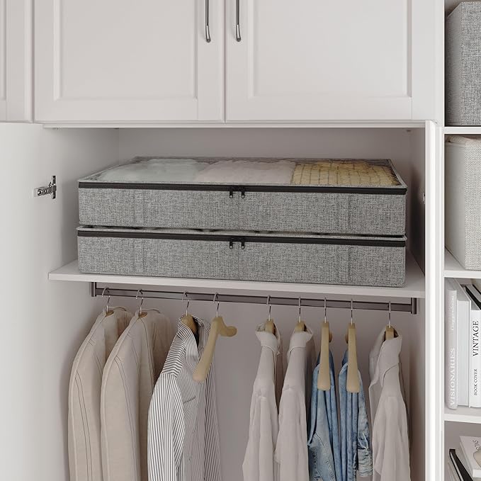 Clutter Mutter Gray Low Profile Under Bed Storage Containers 5 inches high, 33.8"x 17.7"x 5.1", Sturdy Underbed Shoe Storage Organizer, Foldable Fabric Under the Bed Storage Bins - Pack of 2