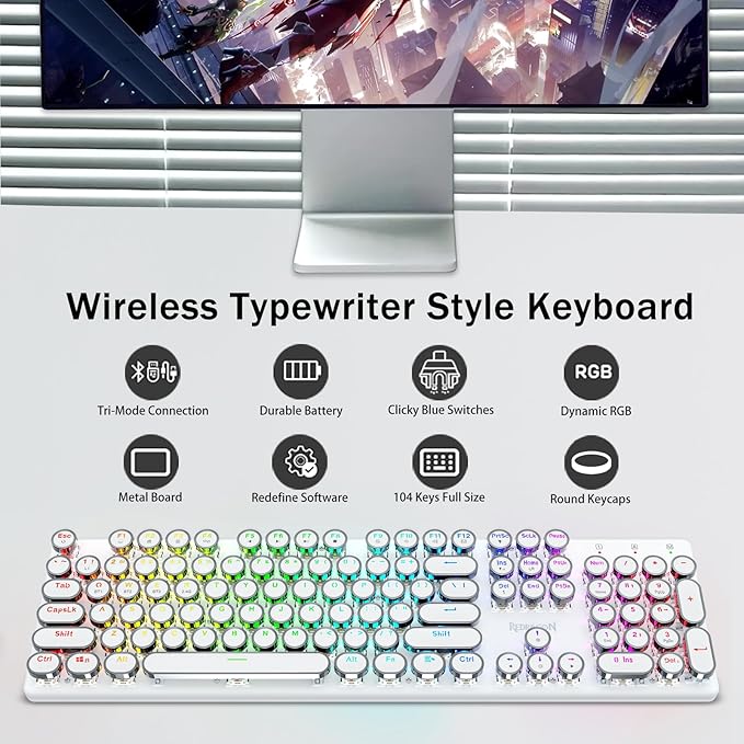 Redragon K710 Wireless Typewriter Mechanical Gaming Keyboard, Bluetooth/2.4Ghz/Wired, RGB LED Backlit, Blue Switch - Clicky, Rechargeable, Solid Metal Panel, Round Keycaps, White