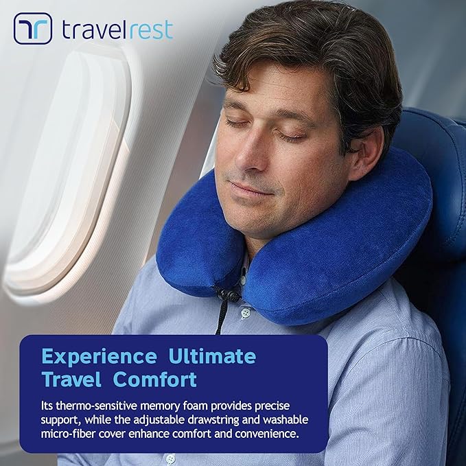 TRAVELREST Travel Essential Neck Pillow Curl - Memory Foam, Washable Micro-Fiber Cover, Soft and Comfortable Head Support for Long Flights, Compact, Attaches to Luggage, Airplanes, Cars, Bus - Blue