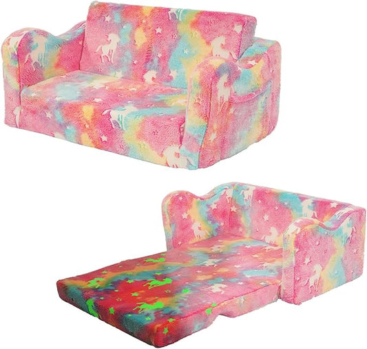 Elevon 2 in 1 Wider Toddler Couch, Flip Open Soft Sofa Bed, Glow in The Dark Flannel Baby Couch, 2-Seat Kids Chair Convertible Couch Easy Fold & Unfold, Baby Recliner Sofa for Girls and Boys