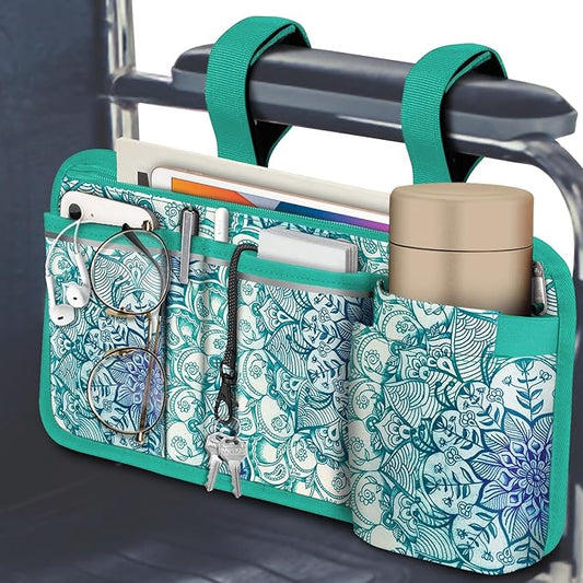 FINPAC Wheelchair Side Storage Bag w/Cup Holder, Wheelchair Armrest Accessories Pouch with Pen Slot and Reflective Strips for Power Walkers, Rollators, Seniors - Emerald Illusions