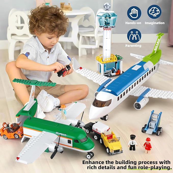 City Passenger Airplane Toy Building Set That Compatible with Lego Airplane Airport Play Set Compatible with Lego Plane with Passenger Airplane and Cargo Planes Gifts for Kids Boys Girls Age 6-12