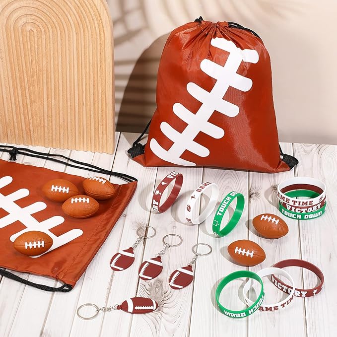 LEIFIDE 48 Pcs Basketball Soccer Football Baseball Party Favors Supplies 12 Silicone Bracelet 12 Drawstring Treat Bag 12 Mini Stress Ball 12 Keychains for Birthday Sports Party Supplies (Football)