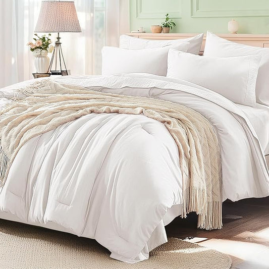 Anluoer White Full Comforter Set 7 Pieces, Bed in a Bag with Sheets, All Season Bedding Sets with 1 Comforter, 2 Pillow Shams, 2 Pillowcases, 1 Flat Sheet, 1 Fitted Sheet