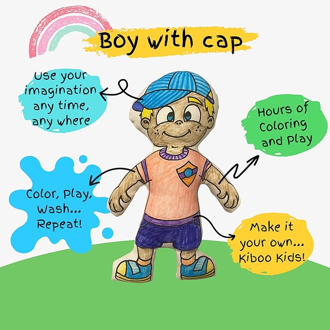 Color Your Boy Doll - Washable Art Toy with Cap & Mini Backpack - Educational Craft for Creative Play - Washable Markers Included