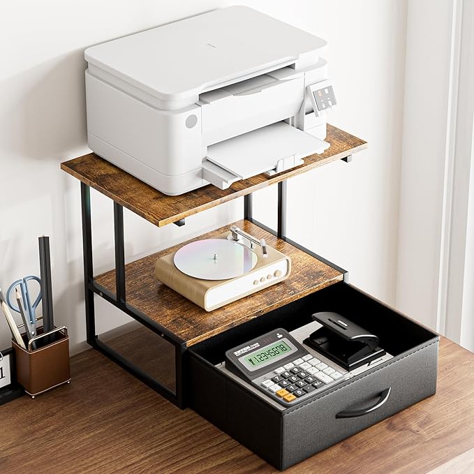 Masupu Printer Stand for Desk, Printer Table with Fabric Storage Drawer, 2 Tier Desktop Shelf, Multi-Purpose Desk Organizer for Home Office, 3D Printer, Fax Machine, Scanner, Rustic Brown