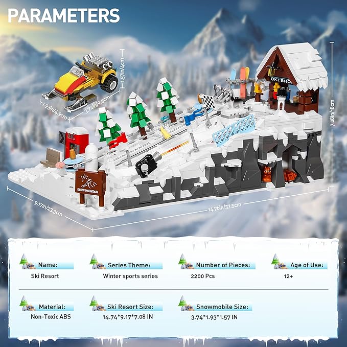 Winter Ski Resort Building Block, City Ski and Climbing Center Building Block with Ski Shop and Snowmobile, Ski Slope Block for Winter Sports Play, Fun Gift Idea for Kids and Ski Fans, 2200Pcs