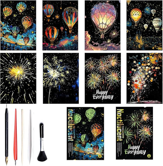 Georgie Porgy Scratch Paper Art Set for Kids Adults Magic Rainbow Painting Boards for DIY Arts and Crafts Kits Christmas Birthday Gift with Scratching Tools Kit (Glow in The Dark Fireworks + Balloon)