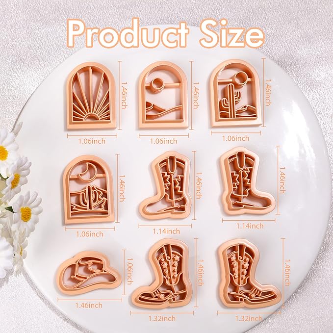 Puocaon Western Polymer Clay Cutters - 9 Pcs Clay Cutters for Earrings Making, Cowboy Hat Boot Clay Cutters Set, Rising Sun Clay Jewelry Cutters, Desert Scene Polymer Clay Cutters for Jewelry Making
