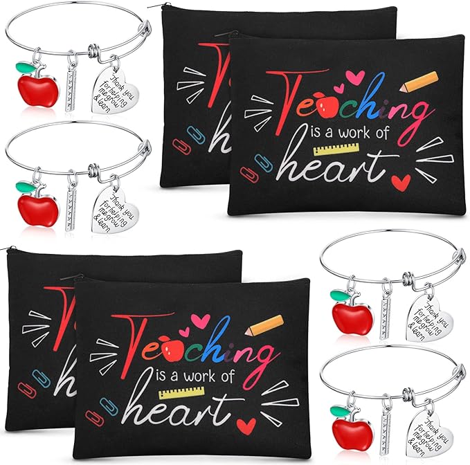 8 Pcs Teacher Appreciation Gift Set for Women, 4 Teacher Makeup Pouch Cosmetic Bags and 4 Bangle Bracelets, Christmas Valentines Thank You Gifts for Teacher (A Work of Heart)