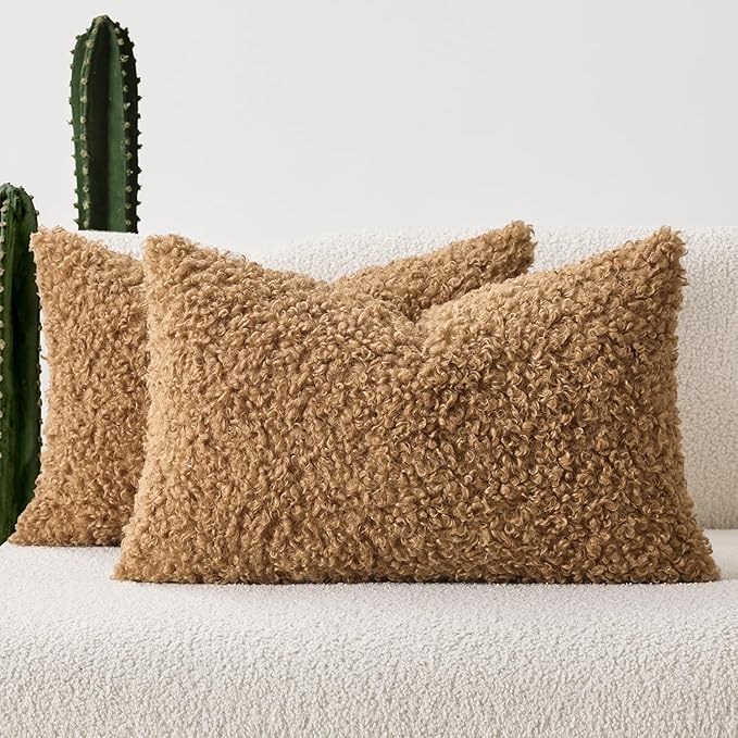 Woaboy Faux Fur Throw Pillow Covers 20x12 Inch Set of 2 Boucle Neutral Decorative Lumbar Sherpa Fuzzy Accent Soft Sheepskin Fleece Cushions Modern Home Decor for Sofa Bedroom Living Room,Light Brown