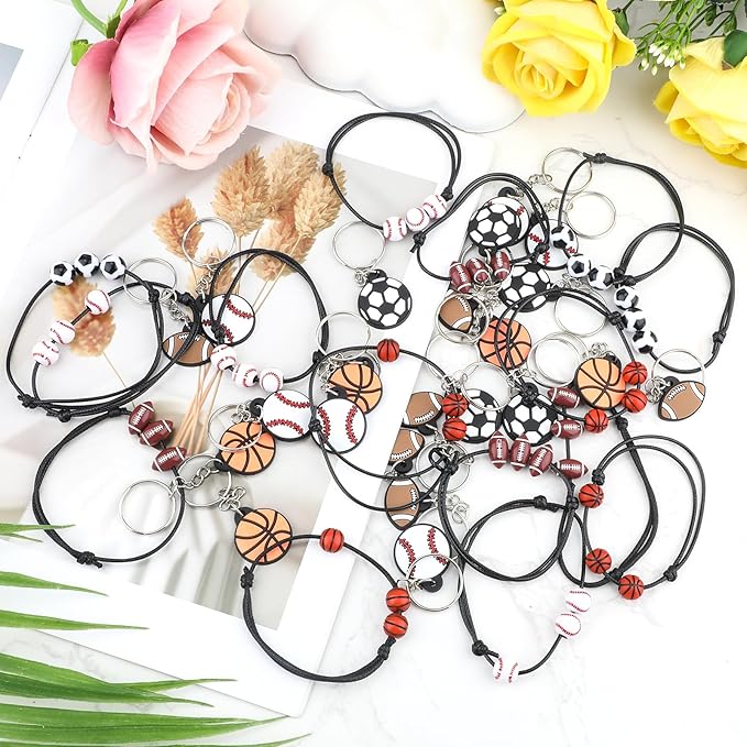 40pcs Sports Party Favors, 20pcs Sports Keychains & 20pcs Sports Bracelets with Football Basketball Rugby Baseball Sport Theme Thank You for Coming Gifts for Sports Party Supplies