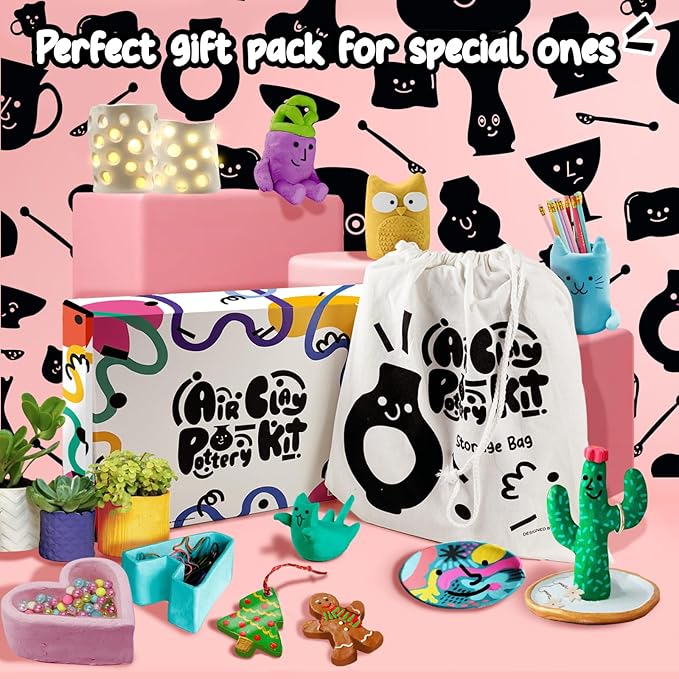 FosterToys™ Air Dry Clay Pottery Kit for Beginners | DIY Clay Kit for Adults, Sculpting Tools Set & Step-by-Step Guide, 12 Paints, Paintbrush, Varnish, Sponge, Kids Teen Party Birthday Holiday Gift