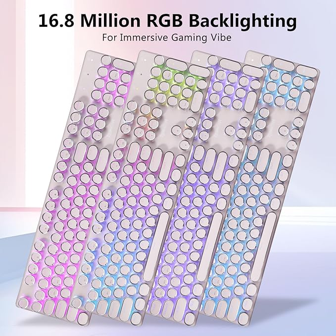 Redragon K710 Wireless Typewriter Mechanical Gaming Keyboard, Bluetooth/2.4Ghz/Wired, RGB Led Backlit, Blue Switch - Clicky, Rechargeable, Solid Metal Panel, Round Keycaps, Pink