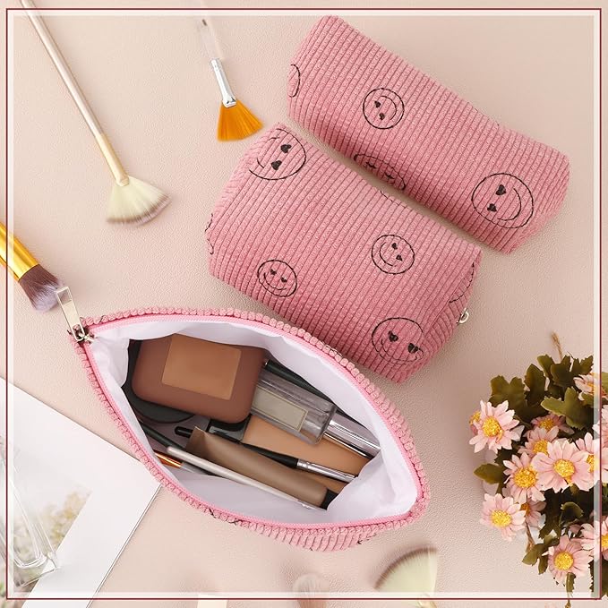 Huhumy 3 Pcs Makeup Bag Set for Women Corduroy Cosmetic Pouch Aesthetic Smile Travel Toiletry Bag Cute Purse Pouch Pencil Case Makeup Brushes Storage Organizer for Valentine(Pink,Smile Face)