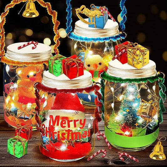 Christmas Crafts Activities For Kids Ages 3-12,4 Pack Glass Mason Jar for School Christmas Art Activities,Christmas Craft Supplies,DIY Lantern Jar for Gifts Christmas Party Favors,Classroom Prizes