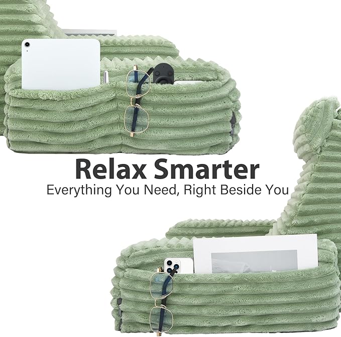 ENITYA 22" XL Reading Pillow with Armrests & Large Pockets, Supportive Back Pillow with Removable Cover, Ideal for Watching TV, Gaming, Resting, Sitting Up in Bedroom, Dorm, Sage Green