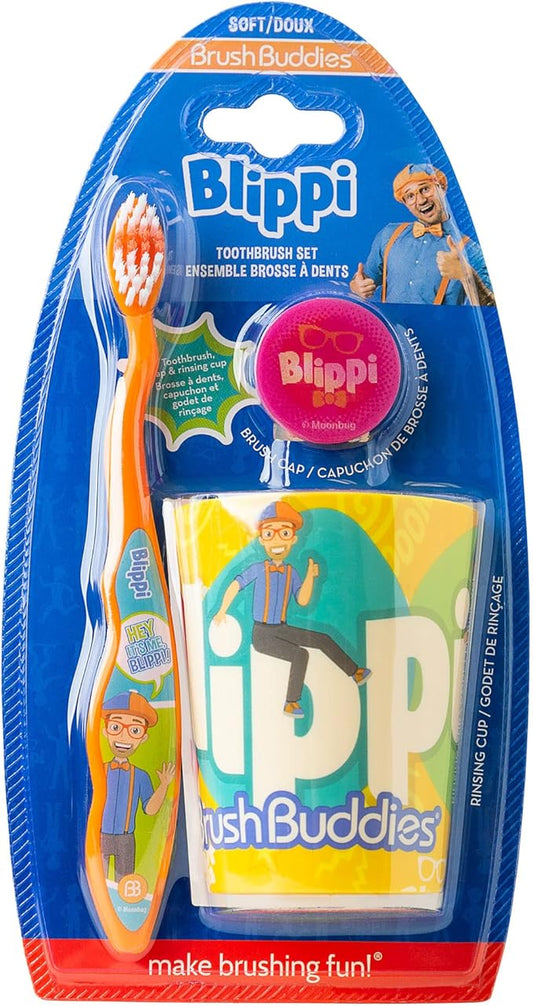 Brush Buddies Blippi Kids Toothbrushes Kit, Manual Toothbrushes for Kids, Toothbrush for Toddlers 2-4 Years, Travel Toothbrush Kit with Cover and Cup, 3PC