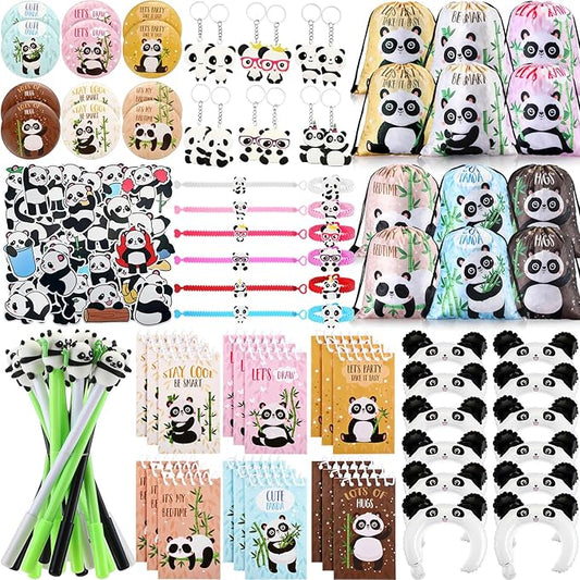 Abbylike 129 Pcs Panda Party Supplies Favors for Kids Panda Themed Birthday Party Supplies Gifts Include Panda Stickers Keychain Notebook Drawstring Bags Badges Pens Silicone Wristbands Headbands