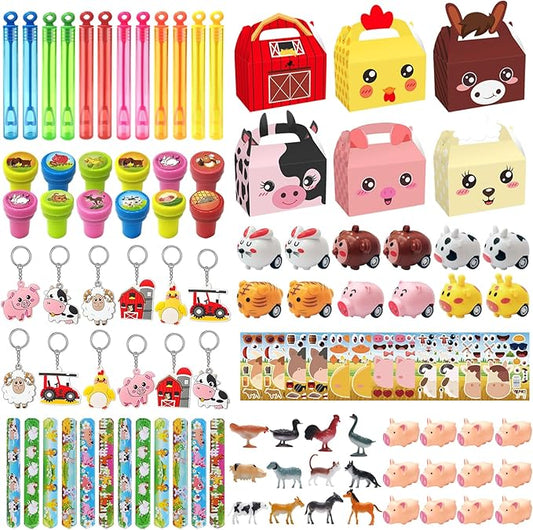 Farm Animals Party Favors Supplies 108 Pcs Birthday Party Decorations Goodie Boxes Bubble Wands Stampers Rubber Pigs Figures Keychains Pull Back Cars Slap Bracelets Stickers Toys For Kids Boys Girls