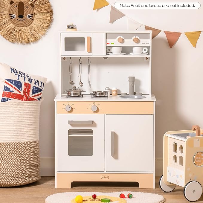 2 in 1 Play Kitchen for Kids Wooden Chef Pretend Play Kitchen Playset with Sounds Food Cookware Accessories Set for Boys Girl Birthday Gifts White