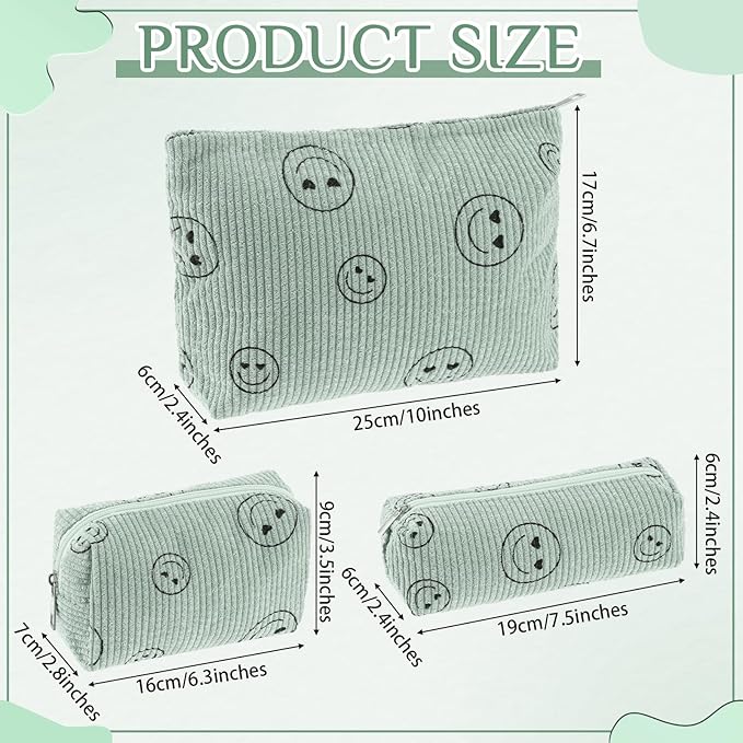 Huhumy 3 Pcs Makeup Bag Set for Women Corduroy Cosmetic Pouch Aesthetic Smile Travel Toiletry Bag Cute Purse Pouch Pencil Case Makeup Brushes Storage Organizer for Valentine(Gray,Solid Style)