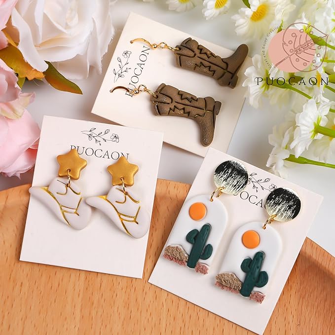 Puocaon Western Polymer Clay Cutters - 9 Pcs Clay Cutters for Earrings Making, Cowboy Hat Boot Clay Cutters Set, Rising Sun Clay Jewelry Cutters, Desert Scene Polymer Clay Cutters for Jewelry Making